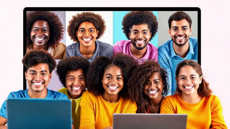 Estudiantes diversos aprenden felices en línea