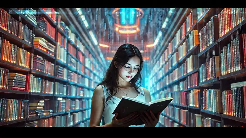 Una joven lee en biblioteca futurista