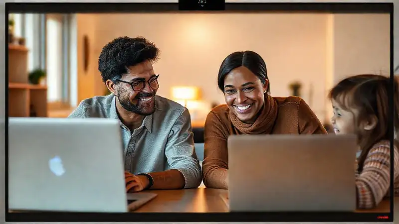 Padres y niños se conectan virtualmente, sonriendo