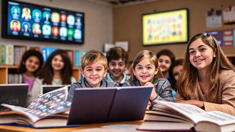 Estudiantes aprenden en entornos digitales brillantes