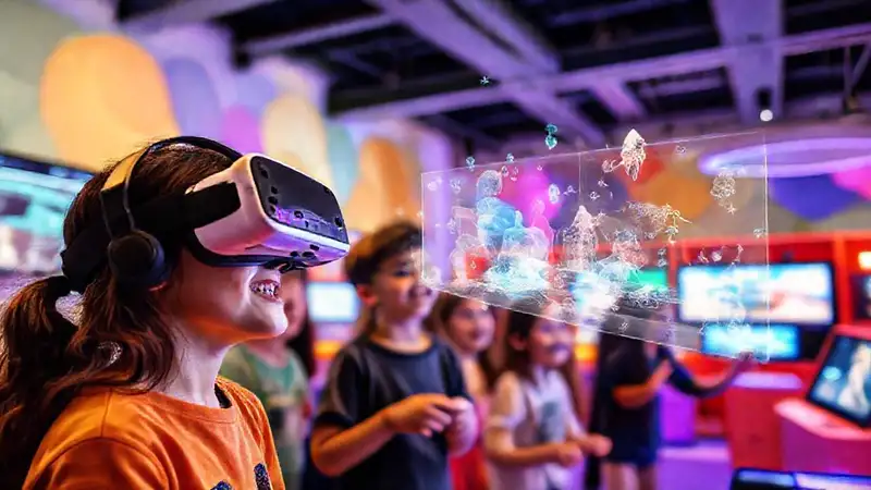 Estudiantes aprenden en realidad aumentada brillante