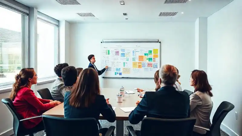 Equipo diverso planifica estratégicamente en calma