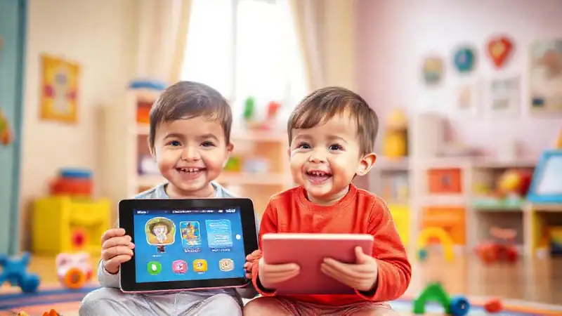 Niño feliz aprende en un entorno digital