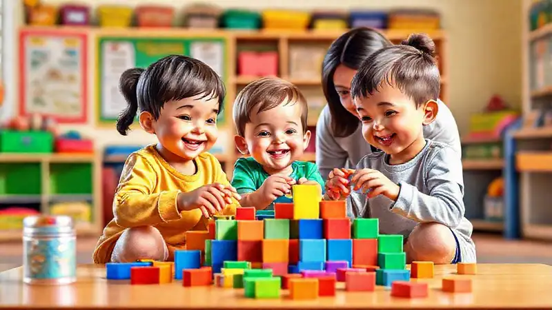 Niños felices aprenden con bloques coloridos