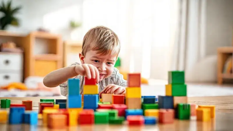 Un niño feliz juega con bloques