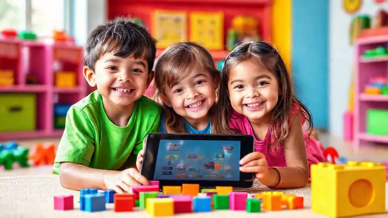 Niños felices exploran juegos educativos virtuales
