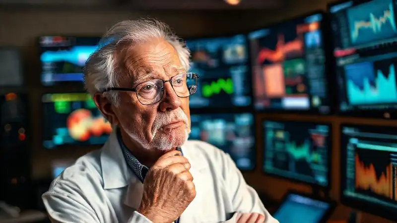 Un científico anciano analiza datos brillantes