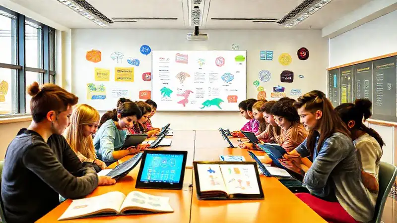 Aula moderna, estudiantes diversos, aprende digitalmente