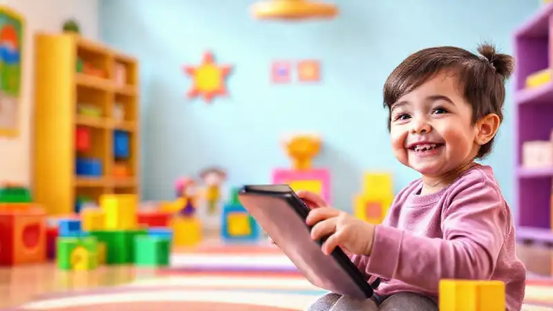 Un niño aprende felizmente con tecnología