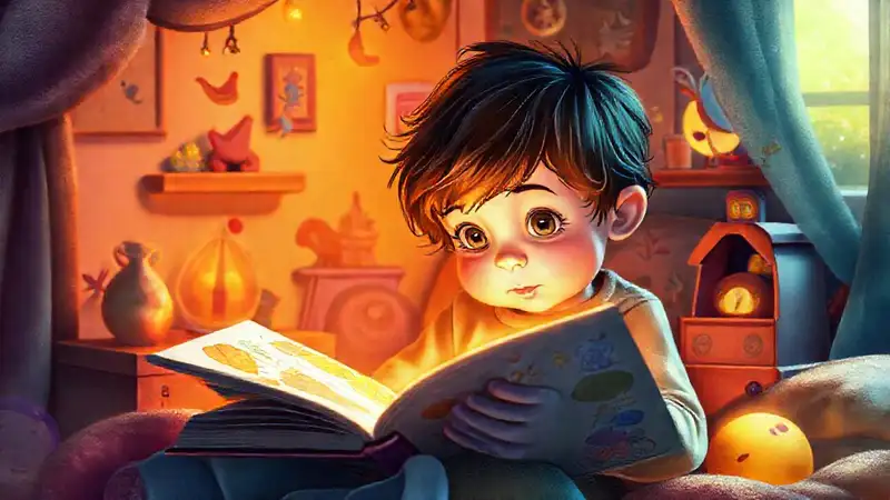 Un niño lee en un ambiente mágico