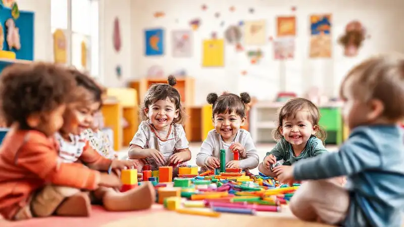 Niños felices juegan en un espacio alegre