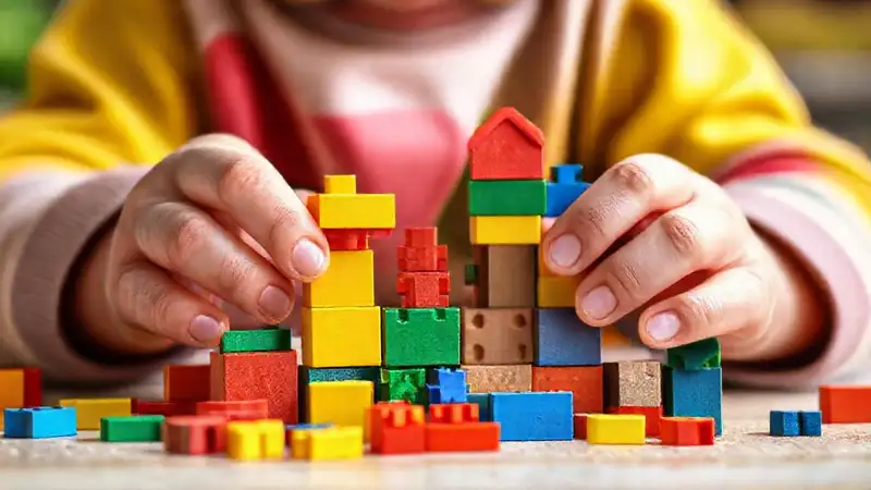 Un niño construye bloques con alegría