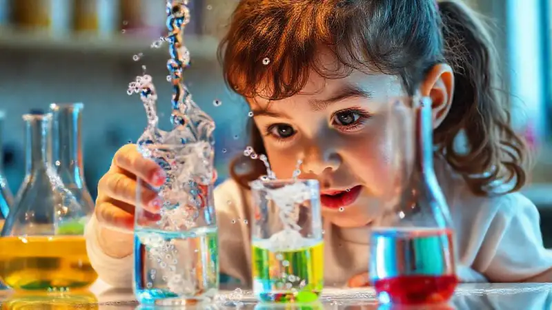 Un niño experimenta con líquidos coloridos