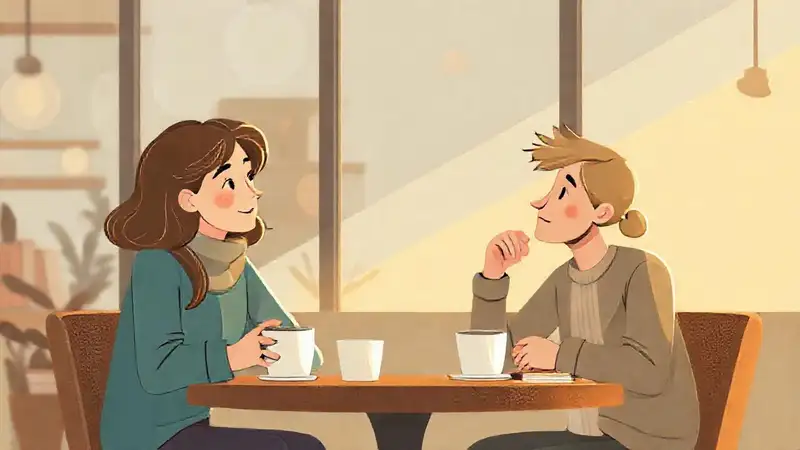 Dos personas conversan en café cálido